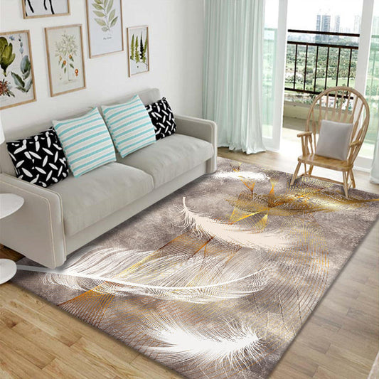 White, brown, and gold feather pattern rug, modern and stylish