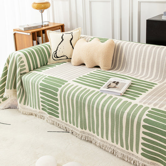 Green Thick Striped sofa slipcover in neutral colors, pet friendly
