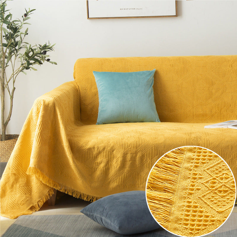 Simple yellow knit sofa slipcover for living room