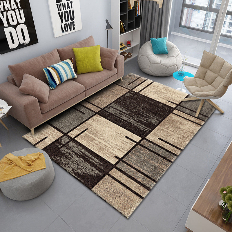 Dark brown and light brown striped and square pattern rug, modern and stylish