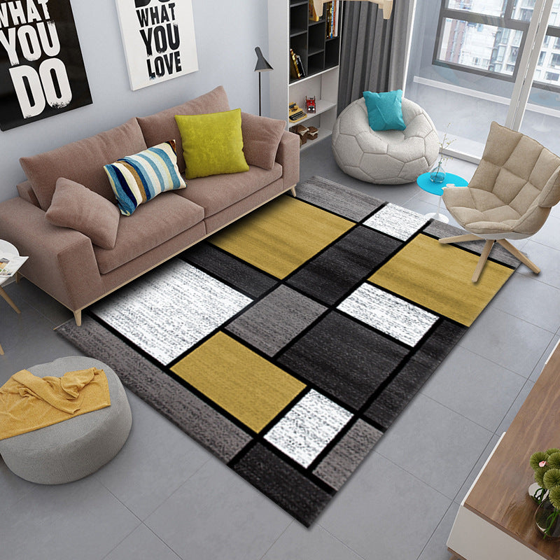 White, dark grey, light grey, and yellow square pattern rug, modern and stylish