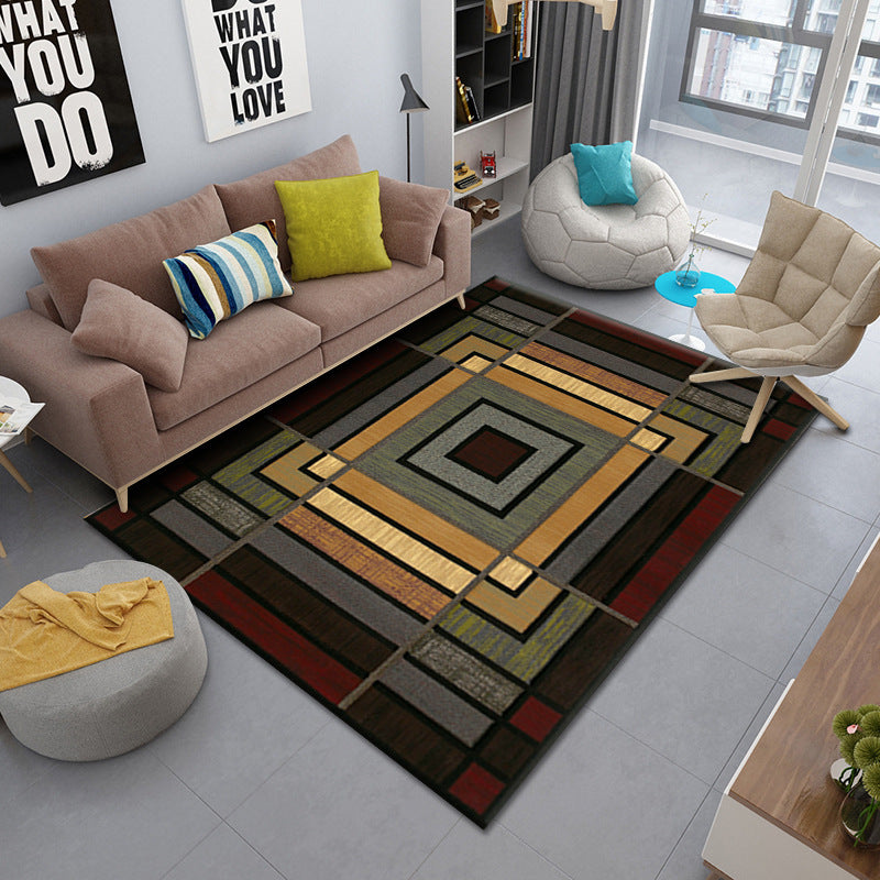 Dark red, brown, dark grey, and dark green square and stripe pattern rug, modern and stylish