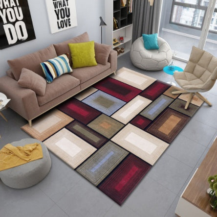 Off-white, light brown, grey-blue, dark red, and dark green square pattern rug with unique design, modern and stylish