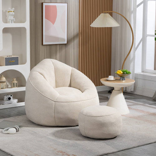 Beige bean bag sofa chair with footrest, soft and comfortable, modern and stylish