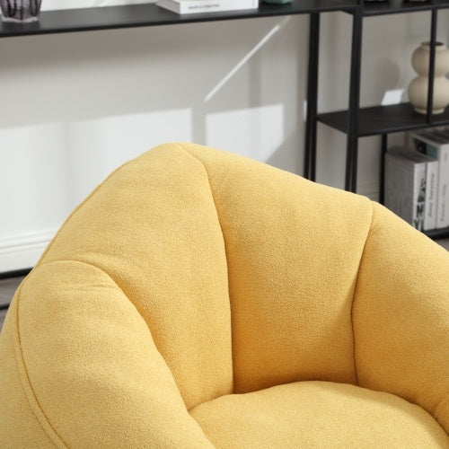 Close-up of light yellow bean bag sofa chair and footrest, showing soft material and stitching details