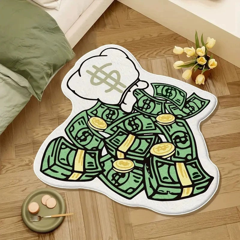 Dollars floor mat with spilled cash from bag design, soft and durable
