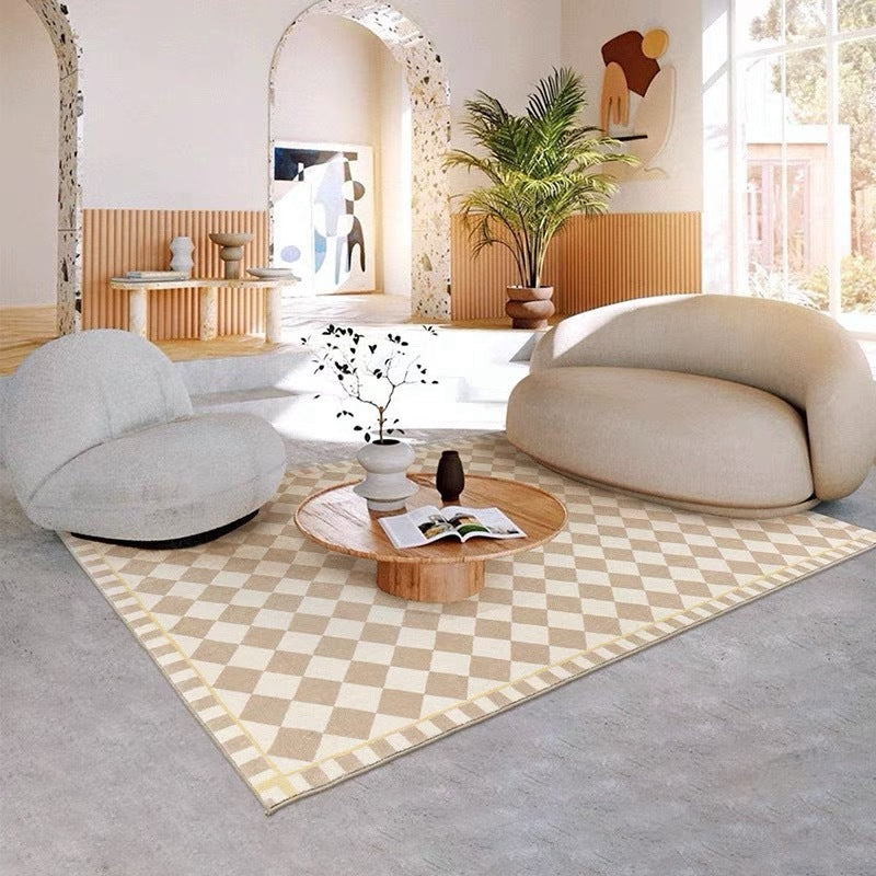 Living room with off-white and light brown checkerboard rug, modern home decor