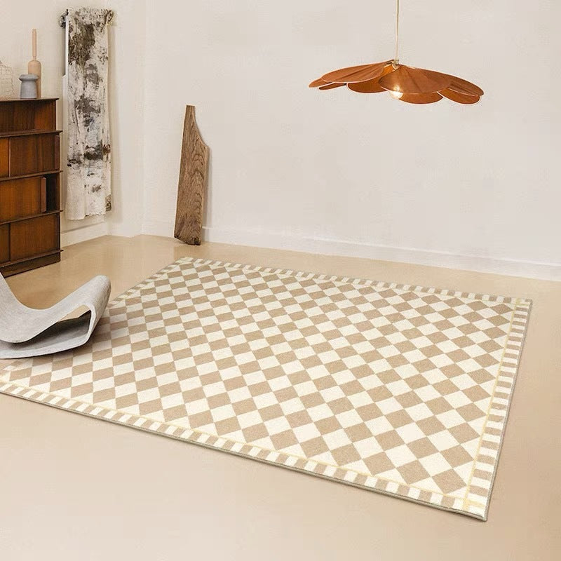 Off-white and light brown checkerboard rug, modern and stylish