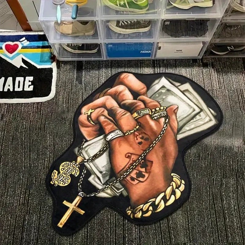 Dollars floor mat with hands holding cash design, soft and durable