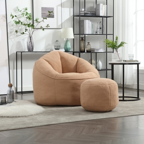 Tan bean bag sofa chair with footrest, soft and comfortable, modern and stylish