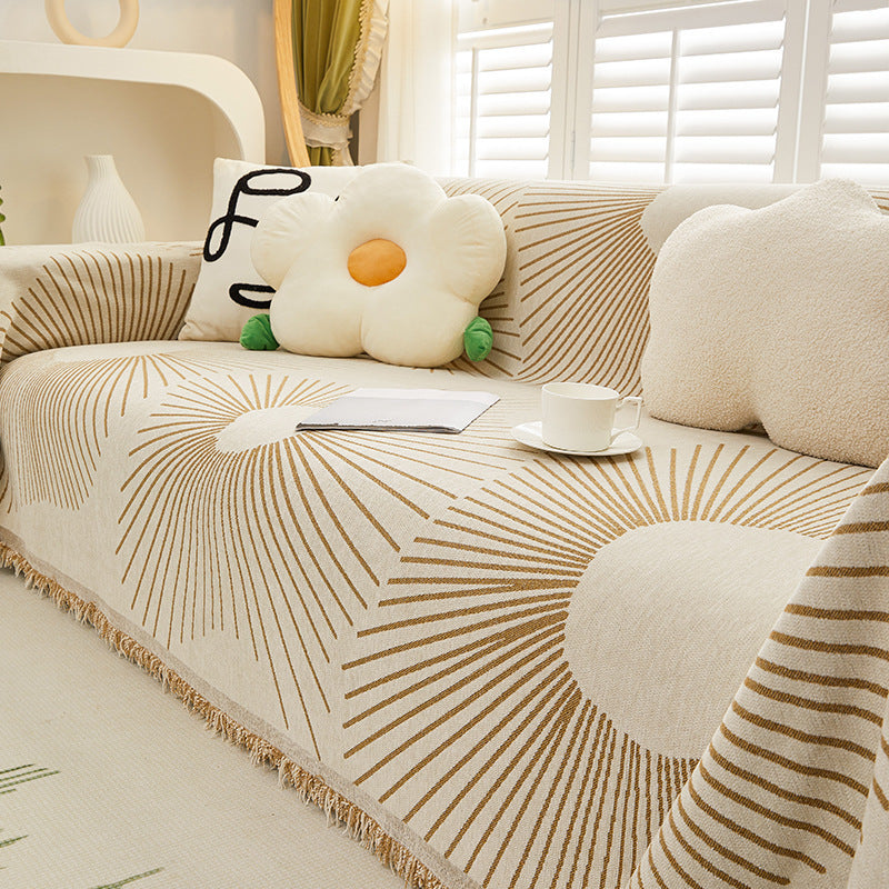 Tan radial striped sofa slipcover, pet friendly