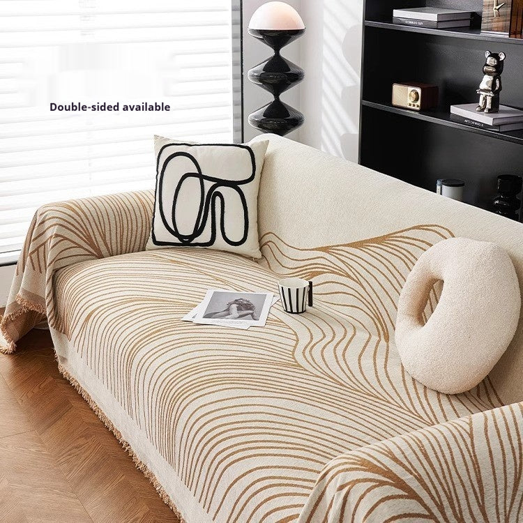 Beige sofa slipcover with semi-circle radiant pattern, pet friendly
