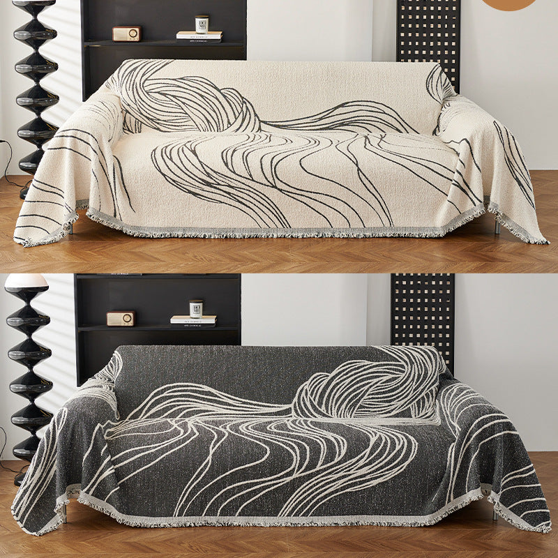 Front and back view of Grey sofa slipcover with semi-circle radiant pattern, pet friendly