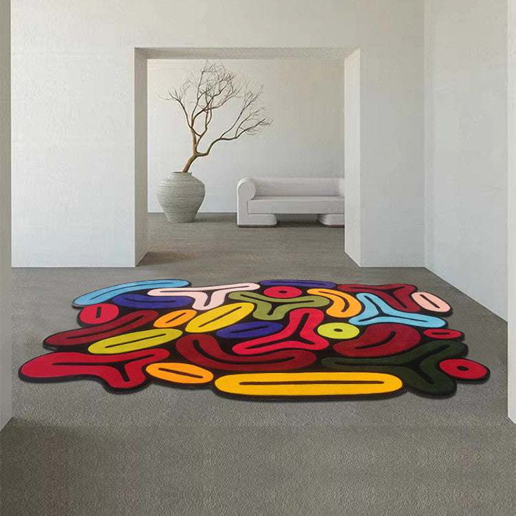 Living room with trendy colorful handmade wool rug, artistic style