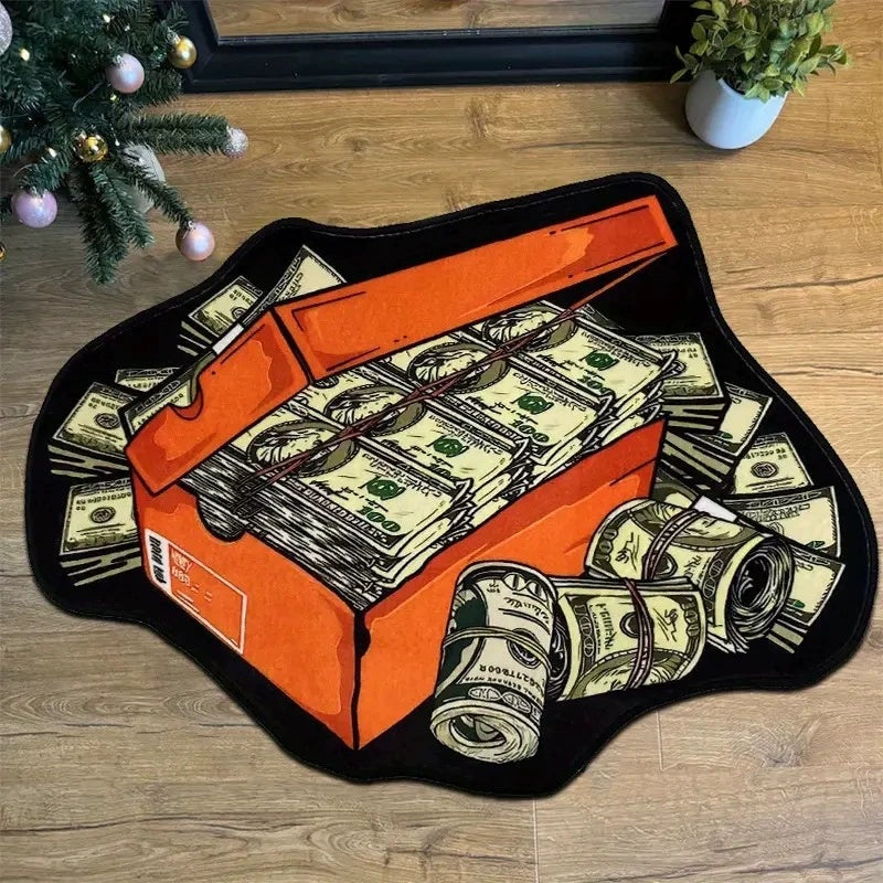 Dollars floor mat with shoe box full of cash design, soft and durable